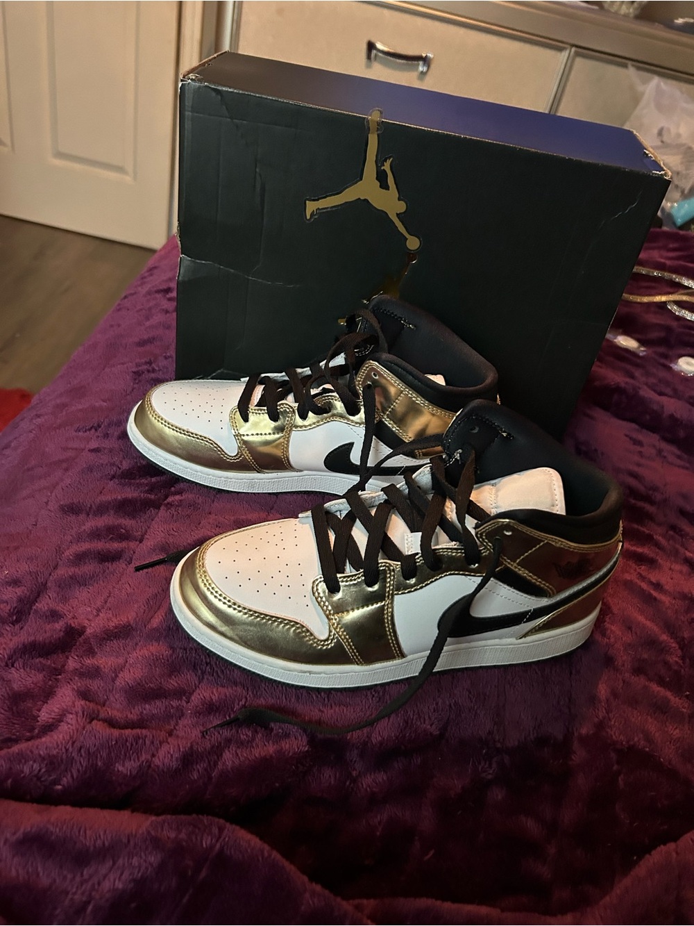 Jordan Women's Mid-Top Sneakers - White, Metallic Gold & Black